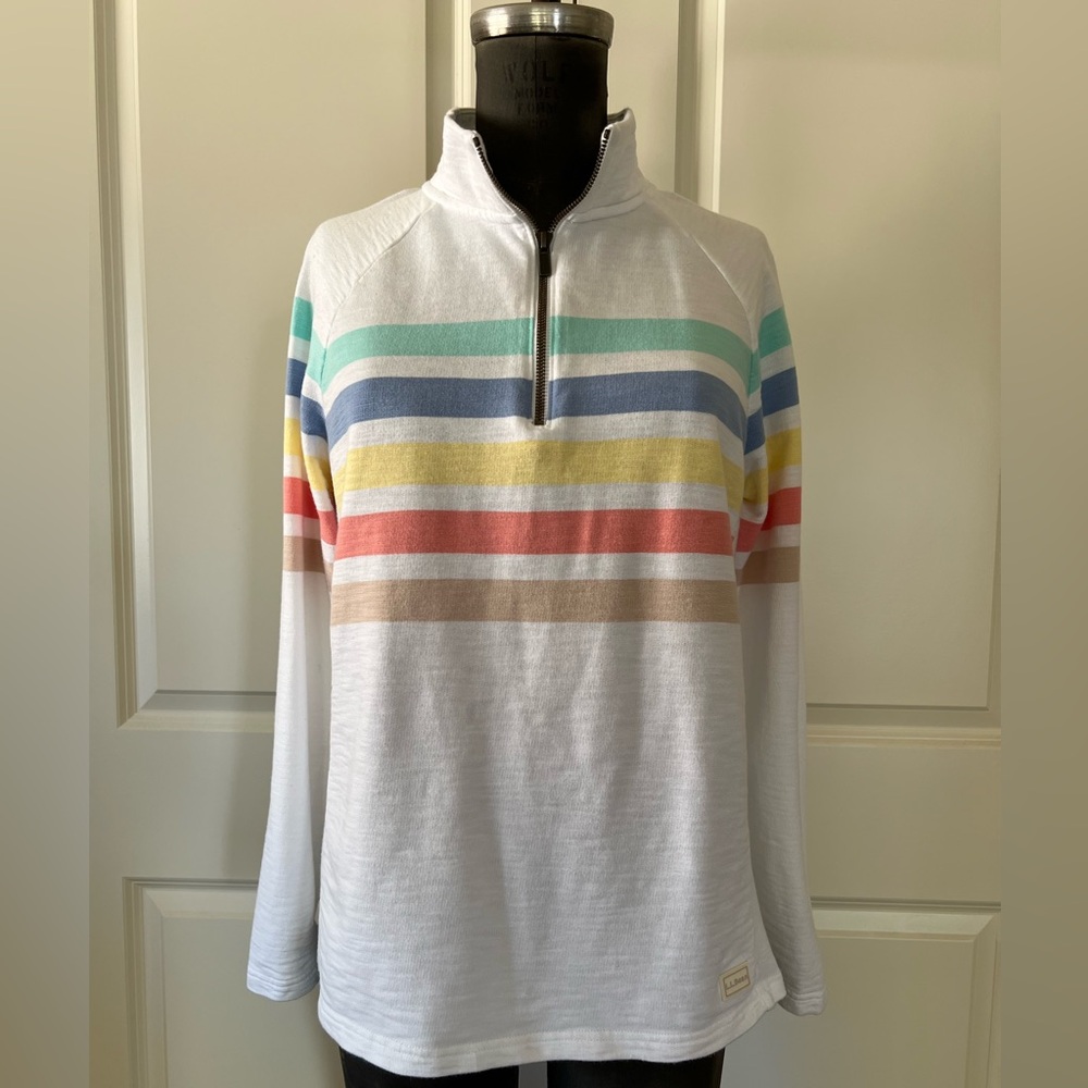L.L.Bean Pastel Rainbow Stripe Quarter Zip Slub Knit Pullover Size L